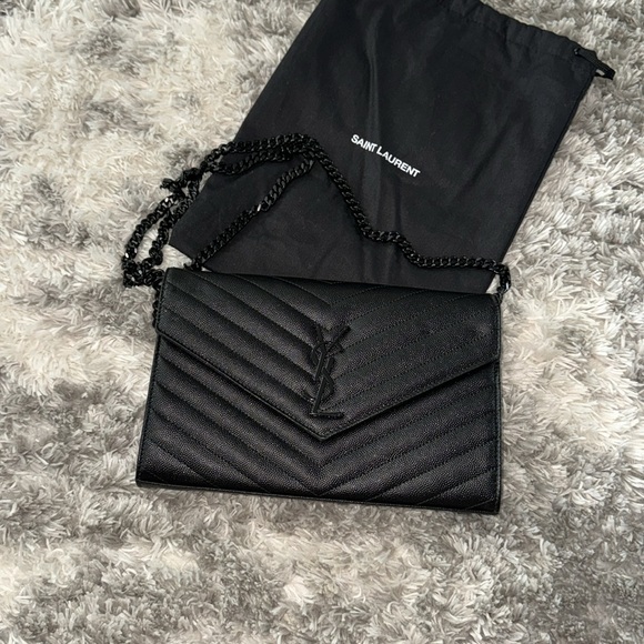 Saint Laurent Monogram Quilted Leather Chain Wallet / Black on Black YSL - Picture 3 of 8